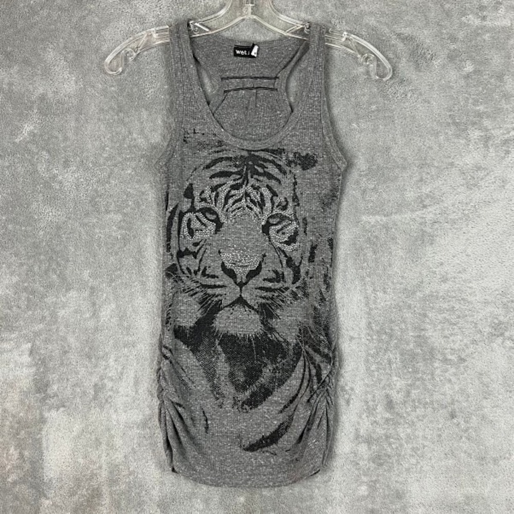 Vintage Y2K Wet Seal Tank Top Womens XS Bedazzled Tiger Graphic Grunge USA